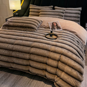 Thickened Stripe Black Milk Velvet Three-Piece Bedding Set Warm Fleece Rabbit Velvet Four-Piece Set Winter Durable Bedding