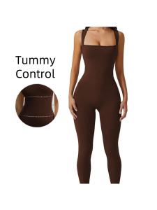 Womens Yoga One-Piece Suit Exercise Ribbed Square Collar Tank Top Fitness Bodysuit Long Pants Sportswear Yoga Ensemble