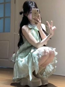 Elegant Mint Wave Dress for Women Small Size Summer French Neckline Waist Tightening Slimming Fairy Dress