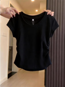 Trendy Wrinkle Slim Fit Tied Waist Flutter Sleeve Tee