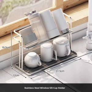 Stainless Steel Double Layer Cup Rack Inverted Glass Holder with Drip Tray Countertop Wine Glass Storage Organizer for Home