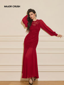 Vintage Sunset Rose Sea Red Fitted Lace Pencil Dress