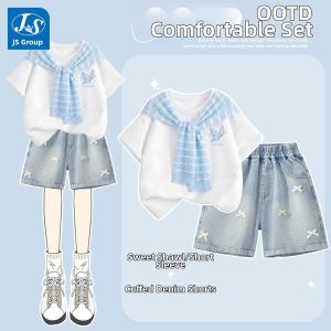JS | Summer Denim Shorts and Sleeves Outfit Set for Girls
