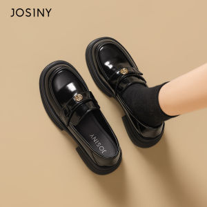 Josiny | Thick Sole Loafers Black JK Small Shoes With Camellia Flower