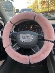 Universal Car Steering Wheel Cover Womens Cute Short Plush Winter Warm Anti-Slip No Shedding Diamond Studded Fixed Style