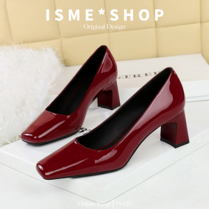 Comfortable Black Patent Leather Slip-On Red Heels Womens Shoes Professional mid Heel Chunky Square Head New Spring 2025