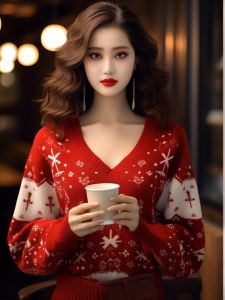 เสื้อสเวตเตอร์สีแดง แฟชั่นฤดูใบไม้ร่วง/ฤดูหนาว ปีมังกร ปีเกิด ปีใหม่ เสื้อผ้าผู้หญิง คุณภาพสูง เสื้อผ้าทำงาน ปกคอวี แขนยาว ทรงหลวม ชุดฤดูใบไม้ร่วง/ฤดูหนาว