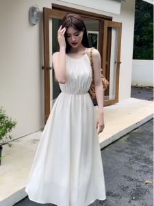 Elegant Design Womens Summer 2025 White Gathered Waist Strap Dress Long Skirt High Waist A-Line Korean Style No Brand