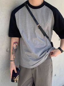 230G Heavy Weight Summer American Raglan Sleeve Short Sleeve T-shirt Mens Cotton Loose Top Trendy Patchwork Contrast Color Half Sleeve