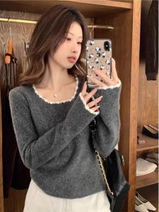 WANGGONGZHU | Elegant Short Knitted Base Shirt Womens Autumn Winter New Design Square Collar Lace Trim Soft Comfortable Korean Style Sweater