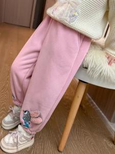 กางเกงขายาวผ้าขนสัตว์ผสมคอตตอนสำหรับเด็กผู้หญิงฤดูหนาว กางเกงขายาวทรงหลวมสไตล์การ์ตูนดีไซน์น่ารัก เอวยางยืด สวมใส่สบาย