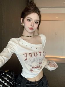 GUZILIAN | Elegant American Street Style Letter Print Beaded Asymmetrical Collar Long Sleeve Womens T-shirt Short Design Fashionable Top