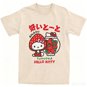 52TOYS | Hello Kitty Strawberry Pattern Womens Printed T-shirt Cartoon Style Multi functional Leisure Street Y2K Casual Childrens Top