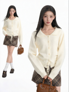 BAIDAIFEI | Lace Hollow Lace-Up Waist Short Long Sleeve Knit Sweater