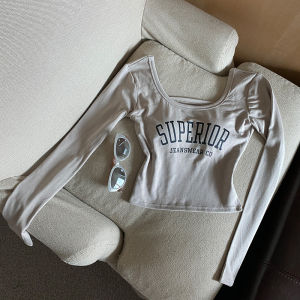 GUZILIAN | Slim Fit Round Neck Long Sleeve T-Shirt Womens Vintage American Style Letter Print Retro Backless Top Spring Autumn New Arrival