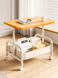 Living Room Bedroom Sofa Side Table Double Layer Mobile Cart Storage Small Table with Wheels Tea Table Vintage Style Wooden