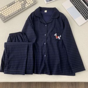 Embroidery Dog Pajama Woman Fall Winter Plaid Lounge Set for Women Long Sleeve Top and Pants Comfort Big Size Home Wear