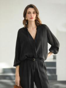 COCOBELLA | Luxury Copper Ammonium Silk Work Shirt V-Neck Simple Black