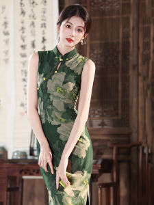 YIJIAHONG | Sleeveless Green Chinese Style Modified Long Cheongsam