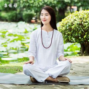 ชุดโยคะผ้าลินินฤดูใบไม้ผลิและฤดูร้อนสำหรับผู้หญิง KSUA ชุดกีฬาสองชิ้น แขนยาว ไม่มีแผ่นรองหน้าอก ขาสั้น ชุดโยคะ