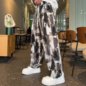 กางเกงลำลองชายผ้าไหมน้ำแข็งฤดูร้อน กางเกงขายาวทรงหลวม กางเกงขายาวลำลองแบบแห้งเร็ว ทรงหลวม สไตล์มินิมอล เอวกลาง