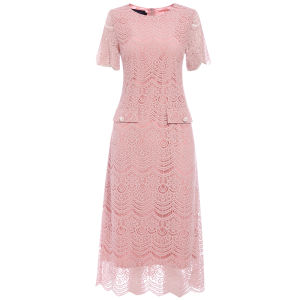 Pink Lace Short Sleeve Slimming Midi Dress Breathable French Style Gentle Small Fragrance Wind Embellished Bead Hollow out Dress