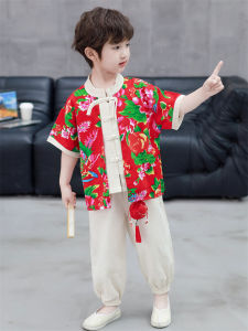 New Summer Thin Short Sleeve Hanfu Set for Boys Baby Clothes Big Flower Pattern Childrens Fashionable Traditional Chinese Style
