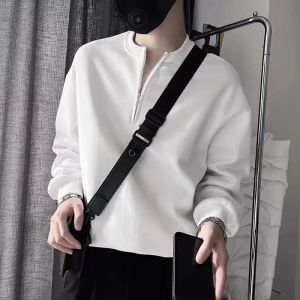 High Quality White Half Zip Hoodie Mens Fashion Brand Spring Autumn Long Sleeve T-Shirt New Style Inner Wear Youth Handsome Base Shirt