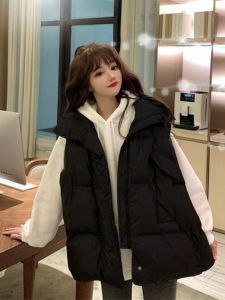 Black down Cotton Vest Jacket Womens Outerwear Autumn Winter New Style Versatile Layering Shoulder Pad Commute Pure Color