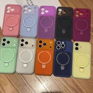 Luxury Jelly Liquid Silicone Metal Folding Holder Magnetic Matte Case for iPhone 17 16 15 14 13 Pro Max For Magsafe Bumper Cover