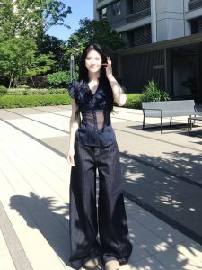 VKSOD | Retro Feel Mesh Patchwork Short Sleeve Womens Top High Waist Floor Length Pants Two Piece Set Long Pants V Neck Other 100%