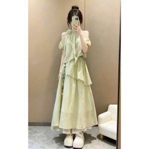 LIRUSHAN | French Elegant Green Off-shoulder Summer Dress