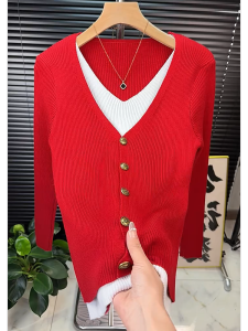 QINGNAER | New Button Pseudo Two-Piece Pullover Red Sweater Design Large
