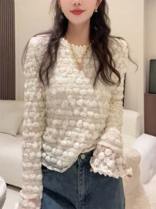 QINGNAER | French Style Sweet Large Size Women Lace Heart Jacquard Long Sleeve Round Neck Shirt