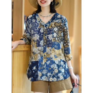 QINGNAER | Trendy Versatile Slim Fit Loose V-Neck Three-Quarter Sleeve Printed Blouse