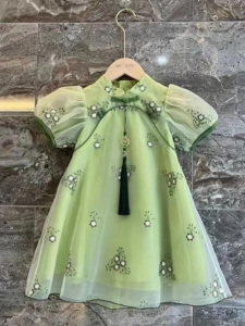 Summer Thin Short Sleeve Dress for Little Girls Childrens Clothing Flag Robe Style Baby Girl Dress Sport Yoga Fitness Fans Supplies