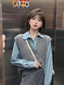Early Autumn Fashion Set 2024 Womens Knitted Vest Top with Blue Shirt Layered Upper Body Two-Piece Set Tea Series