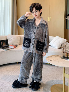 Boy Fall and Winter Fleece-lined Jacquard Flannel Homewear Boy Childrens Teenagers Class a Coral Velvet Pajamas