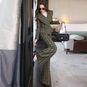 MUBEELE | Fashionable Knitted Floral Ensemble Womens Autumn Winter New Style Professional Small Western Suit Flared Pants Two-Piece Set