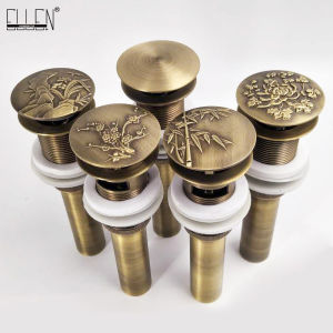 Bathroom Lavatory Basin Sink Pop Up Drain with Round Carved Cover Brass with & without Overflow Vanity Sink Waste Drainer ELF33