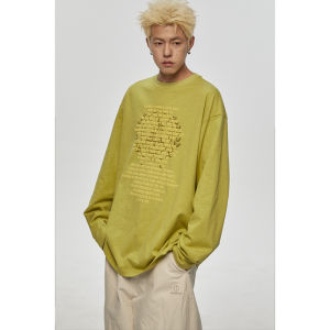 Long Sleeve Cotton T-Shirt Mens Base Shirt Top Youth Fashion Printed Bubble Bamboo Fiber Casual Loose Fit round Neck Tee