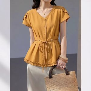 AIYITI | Stylish V-neck Short Sleeve Ruffled Shirt Plus Size Tummy-Control