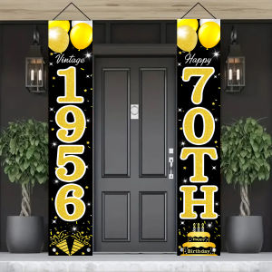 Black Gold Glitter 70th Birthday Porch Banner Retro 1956 Vintage Birthday Door Couplet with Balloons and Cake for Party