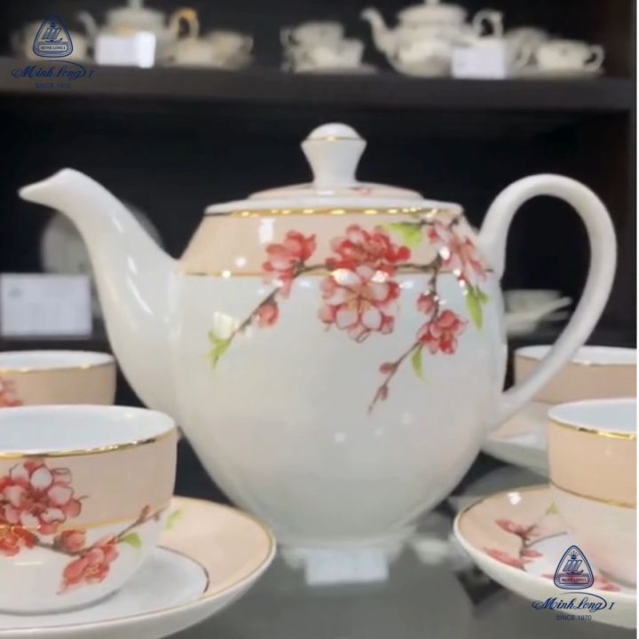 Bộ Ấm, Chén Trà Sứ Minh Long 0.8 L - Camellia - Hoa Đào