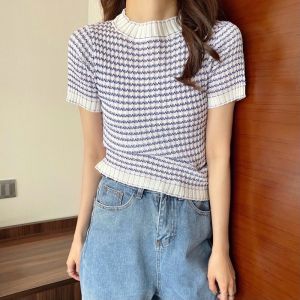 Core Korean Half High Neck Wave Stripes Short-sleeved Knitted T-shirts Tops