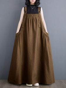 Summer Large Size Womens Dress Sleeveless Long Vintage Loose Slim Cotton Linen Strap Casual Long Skirt Style One Piece Dress