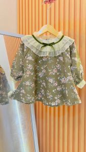 X BABY Dress Anak Perempuan Lengan Panjang Gaun Anak Cewek Motif Bunga Katun Kerah Renda 1-4 Tahun