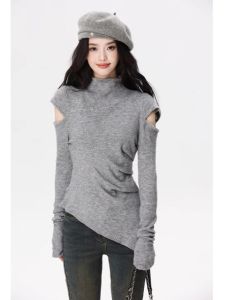 Mock Neck Sweater Womens Fur Inner Wear Autumn Winter Sweater off-the-Shoulder Bottoming Shirt Asymmetrical Outwear Design Blouse