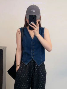 Summer Original Design Sleeveless V-Neck Denim Vest Thin Short Cotton Polyester Regenerated Cellulose Fiber Mixed Womens Top