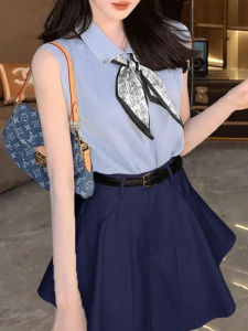 Shalldoer | Summer Fashionable Knitted Sleeveless Womens Set Short Skirt Pants Two-Piece Ensemble Small Stature Attractive Scarf Included